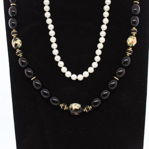 2 beaded necklaces. Faux Pearls and Faux cloisonne